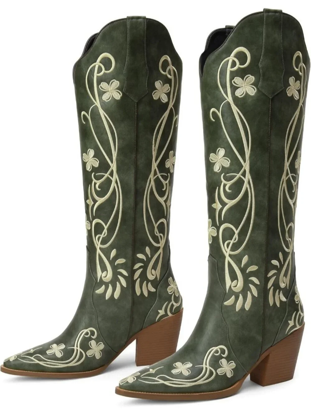 Women's Green Pu Cowgirl High Knee Vintage with Floral Embroidered Footwear - Picture 4 of 6